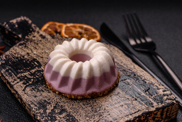 Delicious round pink and white cheesecake lactose-free, sugar-free, healthy nutrition