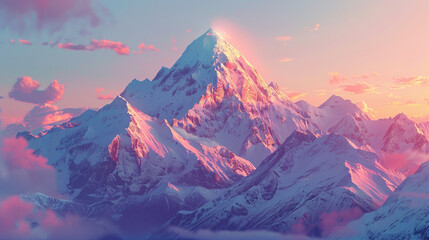Render a mountain landscape with the sunset gradient casting vibrant hues across the peaks and valleys.