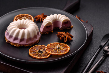 Delicious round pink and white cheesecake lactose-free, sugar-free, healthy nutrition