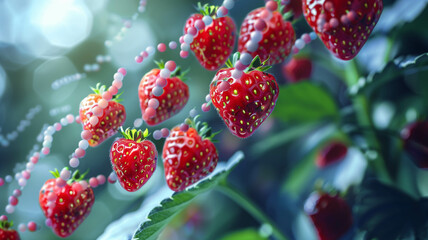 A concept image of DNA strands intertwining with ripe, genetically modified strawberries, illustrating the fusion of science and nature in agricultural innovation. Ai generated