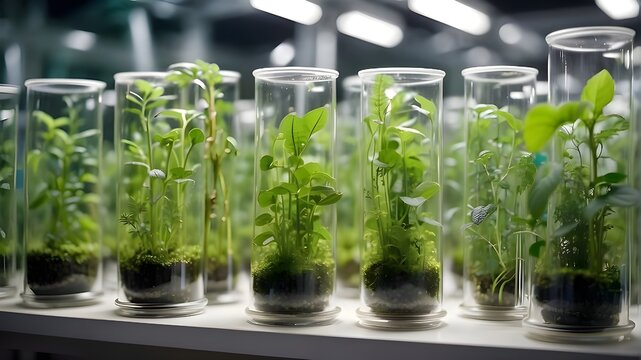 Numerous verdant plants in test tubes. Artificial Intelligence