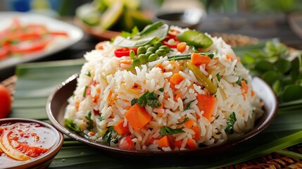 Plate of rice with assorted vegetables