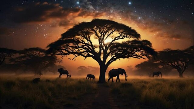 Elefantenherde bei D&auml;mmerung in Afrika