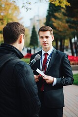Reporters interview an official on the street. An exchange of ideas and viewpoints between media and public figures, providing insight into the world of journalism and politics.