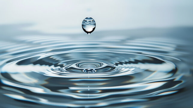 Photo of a water drop into a larger puddle of water. For use in professional slideshows, presentations, marketing materials, etc. Created with Generative AI technology