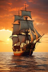 Obraz premium Small sailing ship in the open sea at sunset. Majestic Dawn
