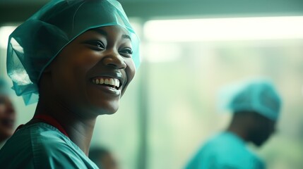 Smiling black surgeon in uniform and cap in hospital ward after successful operation - obrazy, fototapety, plakaty