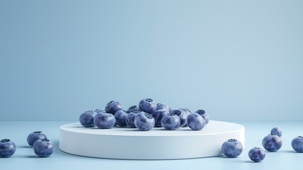 Fresh blueberries on a white pedestal against a blue backdrop. - obrazy, fototapety, plakaty