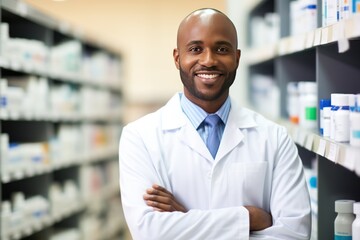 African American pharmacist stands in medical robe smiling in pharmacy shop full of medicines