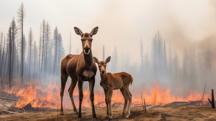 In the midst of tragedy, a moose cow and her calf embody strength and survival against an unforgiving fire - obrazy, fototapety, plakaty