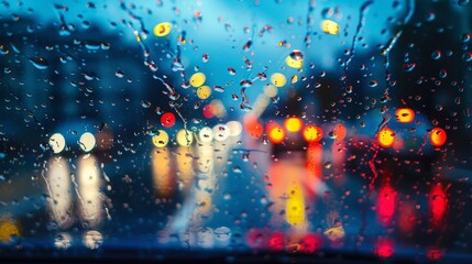Car window rain droplets close-up view