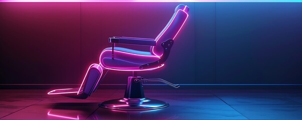 Neon depiction of a classic haircut chair, minimalist icon style with a subtle, inviting glow