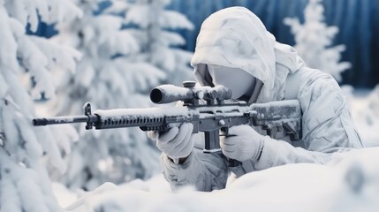 Military sniper aims at the enemy in the winter forest.