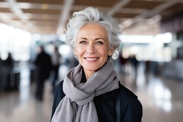 Smiling middle aged woman in front of an airport check-in terminals in the background.