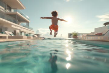 Small boy on vacation jumping into a pool