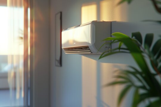 Air conditioning unit mounted on a living room wall