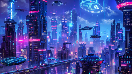 futuristic cityscape with flying cars neon lights
