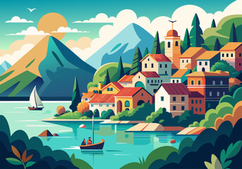 Naklejka premium Vector flat landscape illustration of beautiful nature view