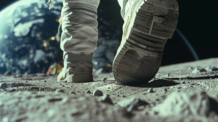 concept image with an astronaut walking on the moon and view of the earth in background Astronaut Boots Galaxy Space 