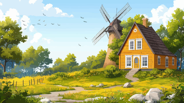 a painting of a house with a windmill in the background