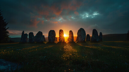 Ancient Stone Circle at Dawn with Sun Rising Through Pillars.