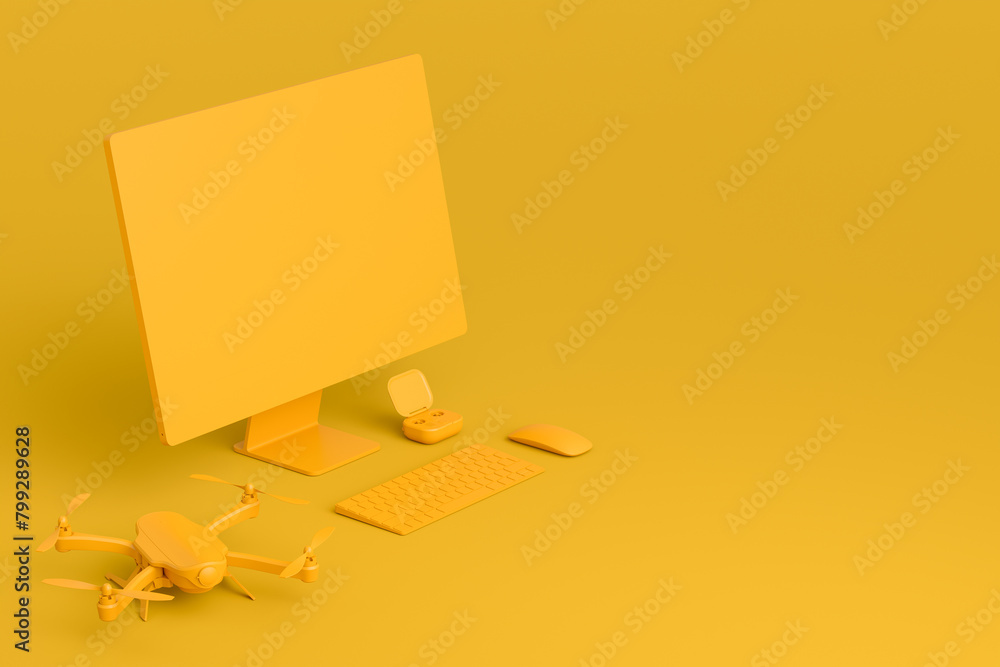 Poster desktop computer with keyboard, tablet, drone and dslr camera on monochrome