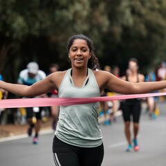 woman running half marathon arriving at finishing line