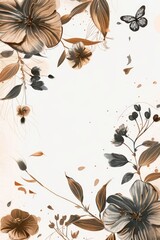Painting of Flowers and Butterflies on White Background