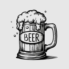 Beer mug vector pencil ink sketch drawing, black and white, monochrome engraving style