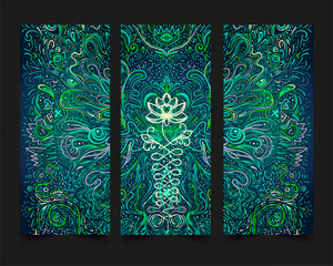 Stretch and Strength. Yoga card, flyer, poster, mat design. Colorful template for spiritual retreat or yoga studio. Ornamental business cards, oriental pattern. Vector illustration