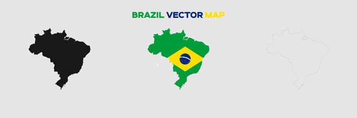 Obraz premium Brazil Map Vector Pack. Map with Flag. Gray Map Silhouette. Gray Outline Map. Editable EPS file. 