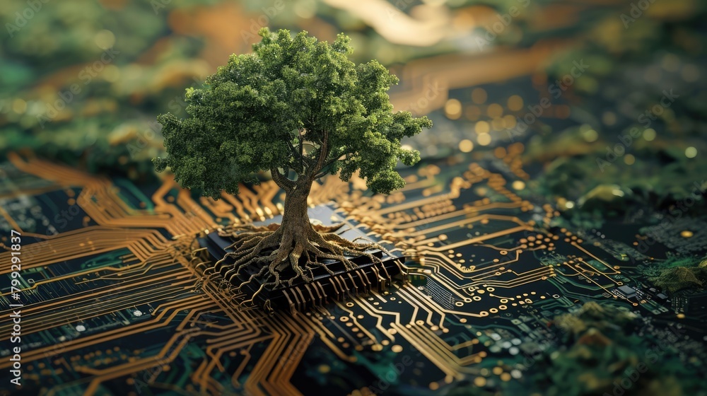 Poster the bottom angle view of the growing green tree on the cpu on the land of the greenish mainboard and