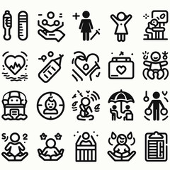 outline child care icon set silhouette vector illustration white background. Set of line icons related to child care, international children day, kid rights, parenthood
