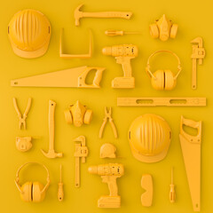 Top view of monochrome construction tools for repair on multicolor background