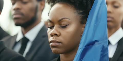 Death, sadness, compassion, and depression affect people and women. Flag-bearer, family, or wife with tension, goodbye, or sadness or burial