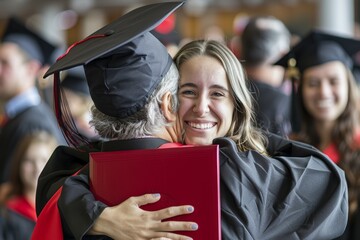 Photo, student, and hug for graduation, achievement, or college. Graduate, woman, accept university, degree, certificate, college diploma, and gown with joy.