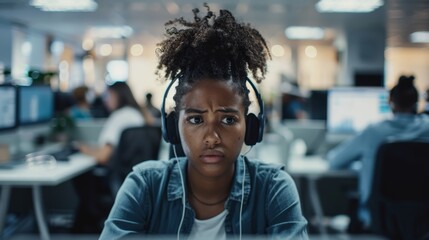 Obraz premium Stress, burnout, and headaches for office customer service, telemarketing, and call center women consultants. Sick, frustrated consultant in agony, mistake, and desktop glitch
