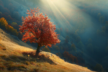 Magnificent beech tree standing alone in an alpine valley, shaded by sun beams on a hillside. vibrant, dramatic morning scene. Autumn foliage, red and yellow - obrazy, fototapety, plakaty