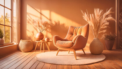 Interior of cozy room illuminated by sunlight; modern armchair upholstered with terracotta fabric, round off-white rug, woven basket, wooden side table, and ceramic vases with dried pampas grass.  - obrazy, fototapety, plakaty