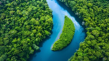 Overhead drone view of a winding river through lush rainforests