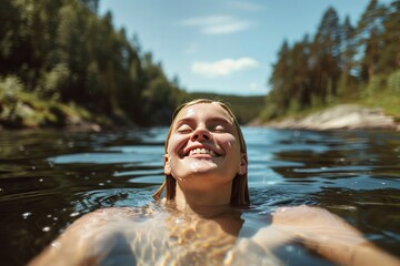 A smiling woman  with closed eyes and wet hair is swimming in a river.