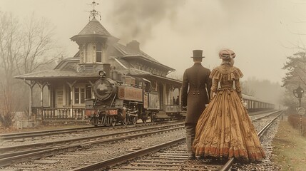A sepia toned photo of a couple dressed in period clothing walking along a railroad track toward an oncoming steam engine. - obrazy, fototapety, plakaty