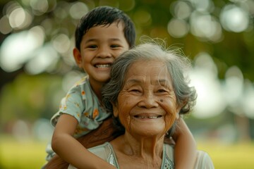 Funny face, grandmother, and piggyback kid in park, nature, or vacation. Bokeh portrait, smiling grandma carrying child, bonding, laughing, caring, and enjoying time together. - Powered by Adobe