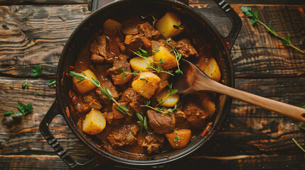 Beef stew with potatoes in a pan close-up. horizontal view from above