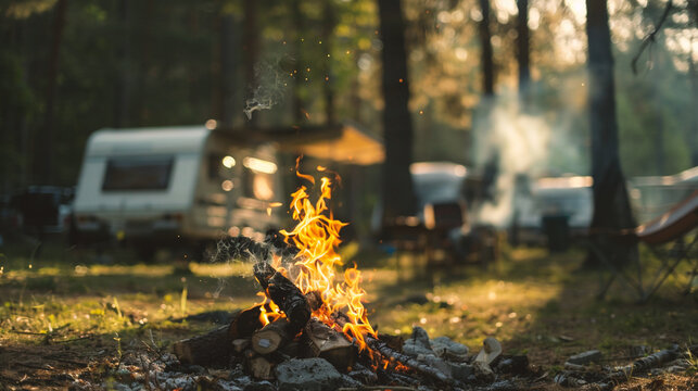 Camping in the woods, bonfire and campervan in the background