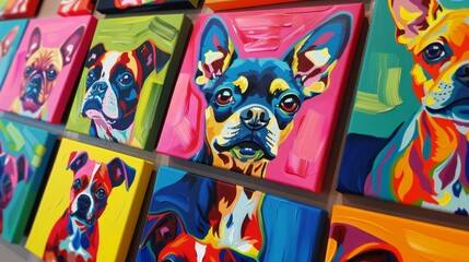 Gallery display of colorful dog paintings, each artwork highlighting a different color scheme and canine expression