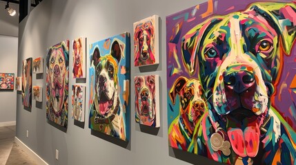 Gallery display of colorful dog paintings, each artwork highlighting a different color scheme and canine expression