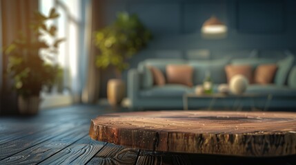 Interior scene featuring a sawn wood table top, sharply detailed against the gentle blur of a comfortable sofa in the background