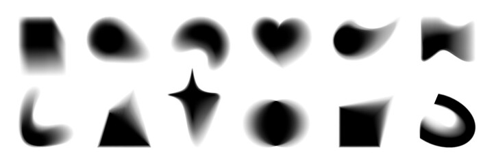 Abstract blurry shapes in black with soft edges. Blurred circles, square, star, heart, triangle. Various silhouette shapes with blur effect on white background, modern set of vector graphic elements.