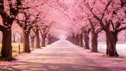 Picturesque cherry blossom avenue, vibrant pink blooms framing a peaceful walking path, ideal for serene spring day
